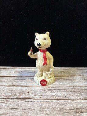 Coca-Cola Bobblehead Cream Polar Bear Figurine with Red Scarf and Mini Bottle